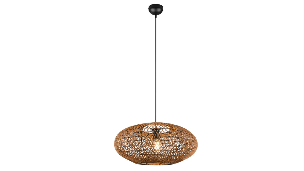 Hängende Lampe mit runder, geflochtener Struktur aus rattanfarbenem Material und einer offenen Lichtquelle in der Mitte.