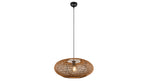 Hängende Lampe mit runder, geflochtener Struktur aus rattanfarbenem Material und einer offenen Lichtquelle in der Mitte.