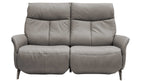 Graues zweiteiliges Sofa mit zwei hohen Rückenlehnen, gepolsterten Armlehnen und schlanken Metallbeinen.