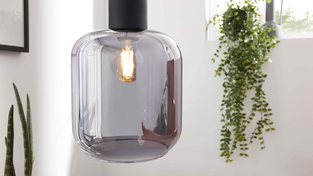 Rauchglas-Hängeleuchte mit sichtbarer Filamentbirne vor weißer Wand, rechts hängende Grünpflanze und links hoher Sukkulent.