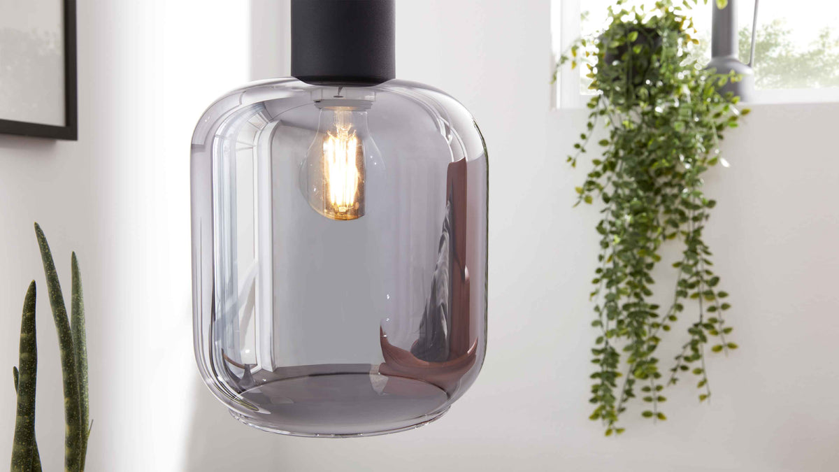 Rauchglas-Hängeleuchte mit sichtbarer Filamentbirne vor weißer Wand, rechts hängende Grünpflanze und links hoher Sukkulent.