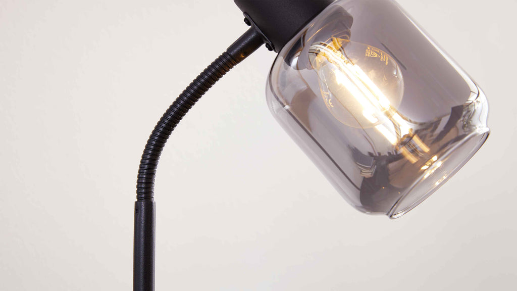 Schwarze Stehlampe mit gebogenem, geriffeltem Schwanenhals und rauchigem Glas-Schirm, sichtbar leuchtende Filamentbirne.