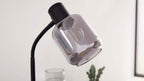 Schwarze Lampe mit flexiblem Hals und rauchigem Glasschirm, sichtbare Filament-Glühbirne; im Hintergrund Glasvase und grüne Zimmerpflanze.