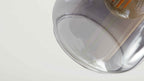 Große transparente Glas-Pendelleuchte mit sichtbarer Filamentbirne und Reflexionen auf hellem Hintergrund.