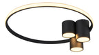 Schwarzer, beleuchteter LED-Ring mit warmweißem Licht, an dem drei schwarze Zylinderleuchten mit nach unten gerichteten Leuchtflächen sitzen.