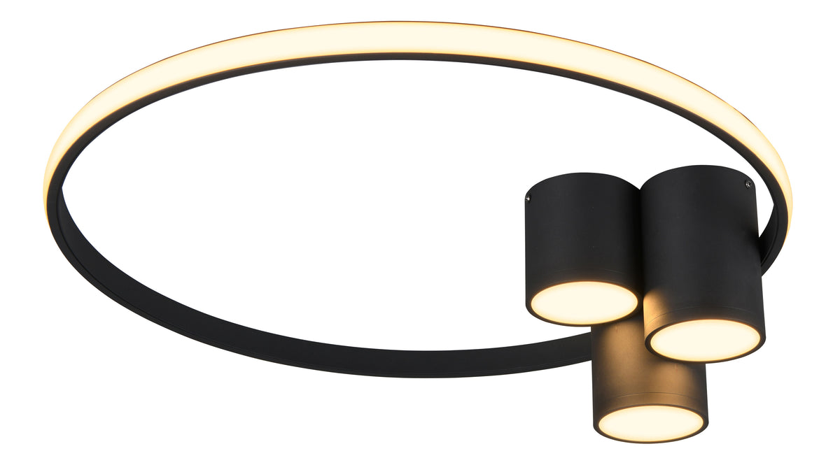 Schwarzer, beleuchteter LED-Ring mit warmweißem Licht, an dem drei schwarze Zylinderleuchten mit nach unten gerichteten Leuchtflächen sitzen.