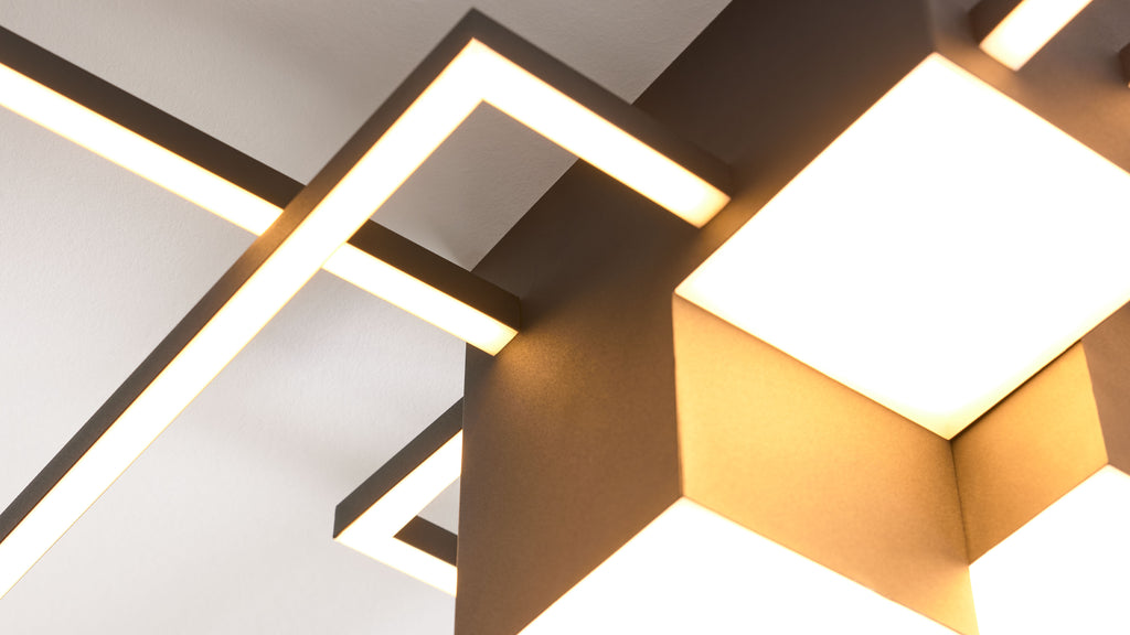 Deckelement mit überlappenden dunklen Metallrahmen und leuchtenden warmweißen LED-Linien sowie großen hellen Quadraten.