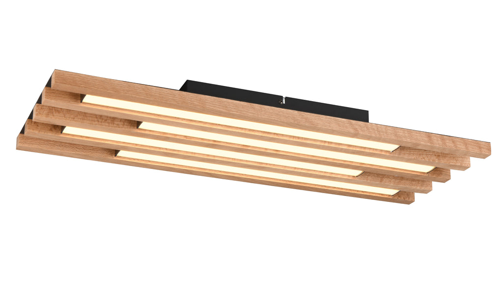 Deckenleuchte mit fünf parallelen, hell leuchtenden LED-Streifen in nebeneinander angeordneten Holzlamellen und schwarzer Montagebox.