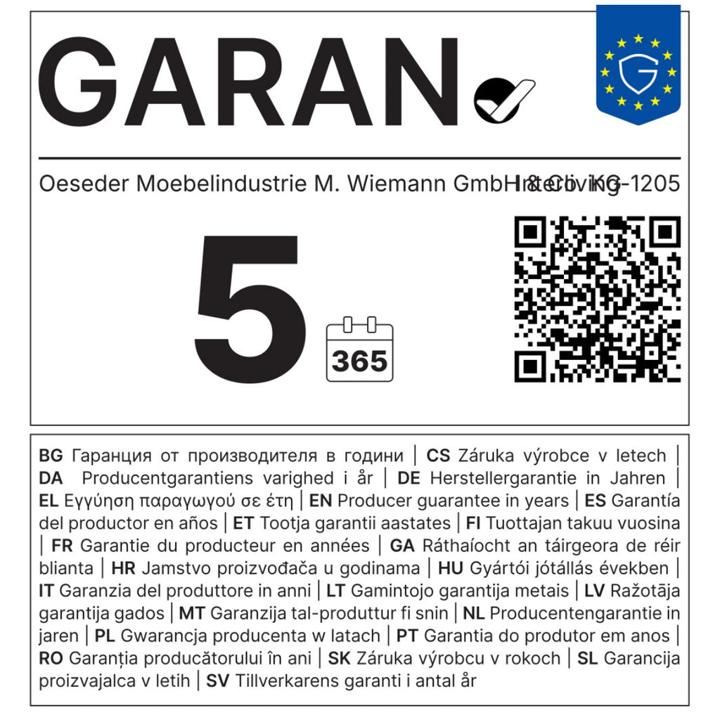 GARAN-Etikett für WIEMANN Oeseder | IL Interliving Serie 1205, 5 Jahre Garantie, QR-Code, EU-Emblem, mehrsprachiger Text.