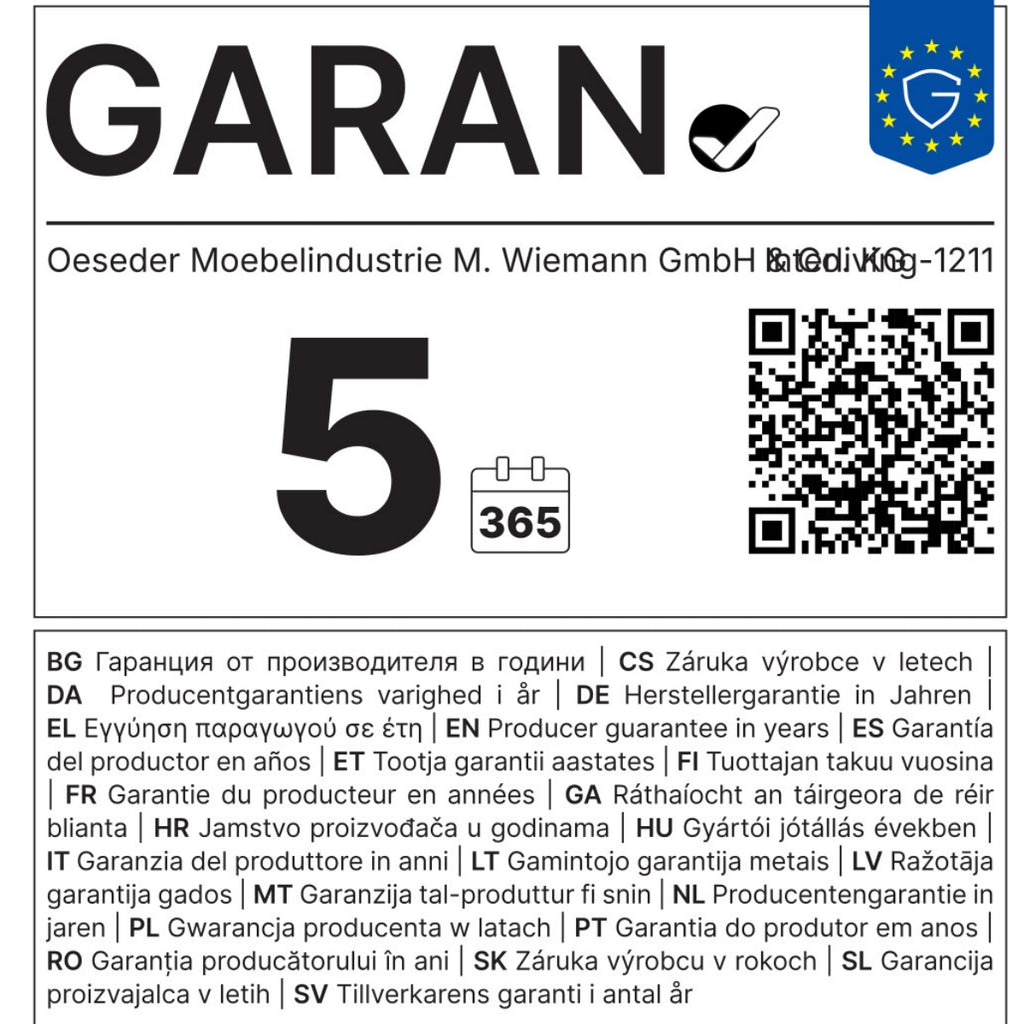 Etikett: WIEMANN Oeseder IL, groß 5, Kalendersymbol, QR-Code, Nachtkommoden-Set IL1211|H04-509, Garantie auf Weiß.