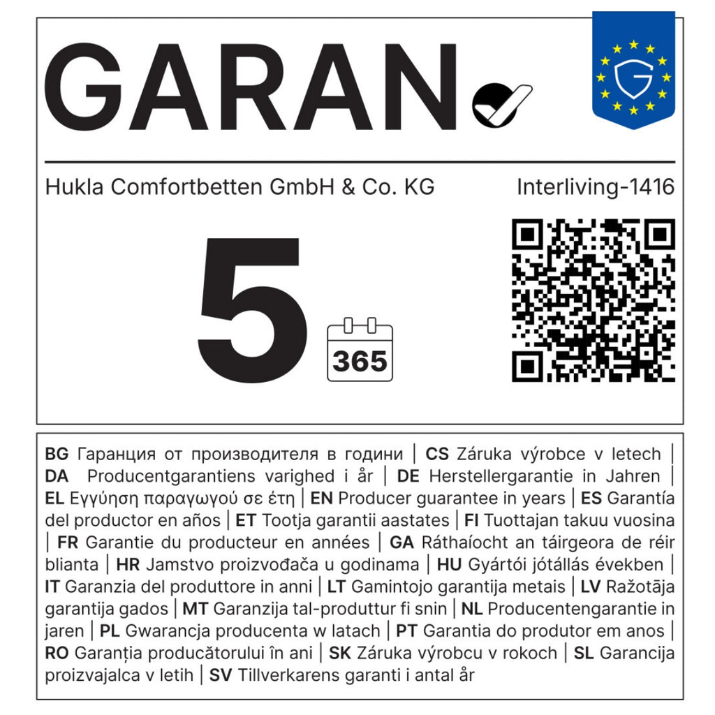 Garantieetikett für HUKLA® IL Serie 1416 Polsterbettgestell 180x200, GARAN 5 365, QR-Code, EU-Flagge, mehrsprachig.