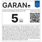 Garantieetikett für HUKLA® IL Serie 1416 Polsterbettgestell 180x200, GARAN 5 365, QR-Code, EU-Flagge, mehrsprachig.