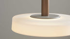 Hängelampe mit rundem, milchig-weißem Glasschirm, warm beleuchtet, an einer zylindrischen kupferfarbenen Stange mit Metallplatte befestigt.