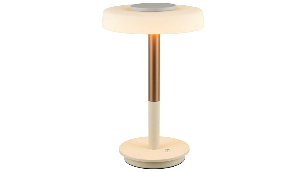 Tischlampe mit runder beiger Basis und kleinem Schalter, zweifarbiger Stange in Bronze/Creme und rundem opalweißen Lampenschirm.