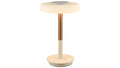 Tischlampe mit runder beiger Basis und kleinem Schalter, zweifarbiger Stange in Bronze/Creme und rundem opalweißen Lampenschirm.