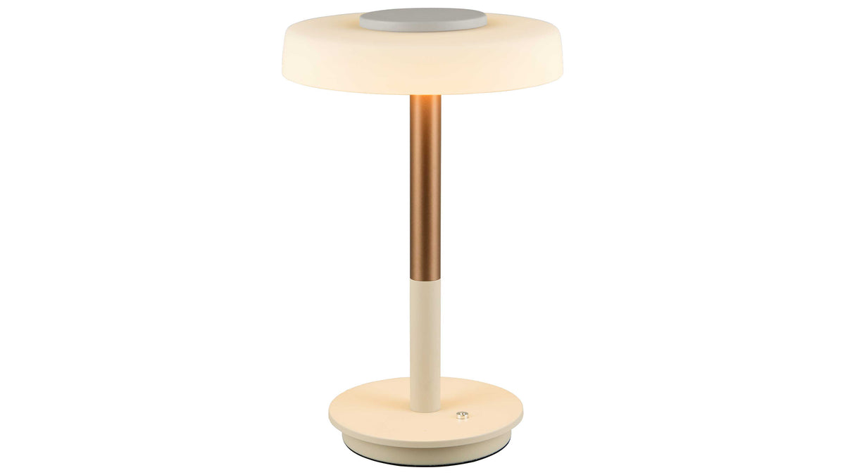 Tischlampe mit runder beiger Basis und kleinem Schalter, zweifarbiger Stange in Bronze/Creme und rundem opalweißen Lampenschirm.