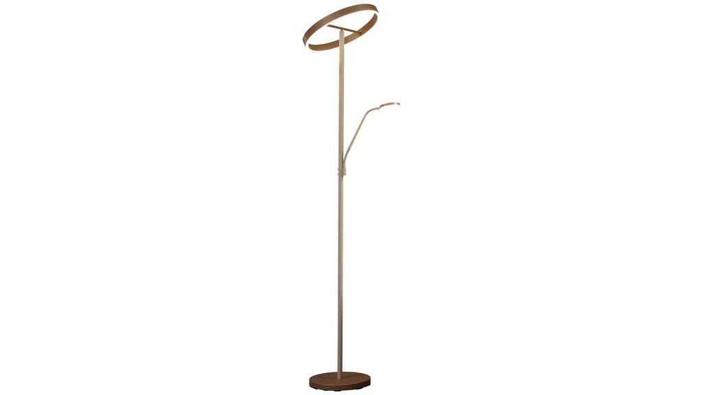 Stehende Lampe mit schlankem beige-goldenem Ständer, rundem braunem Sockel, schrägem Ringschirm oben und flexiblem Lesearm.