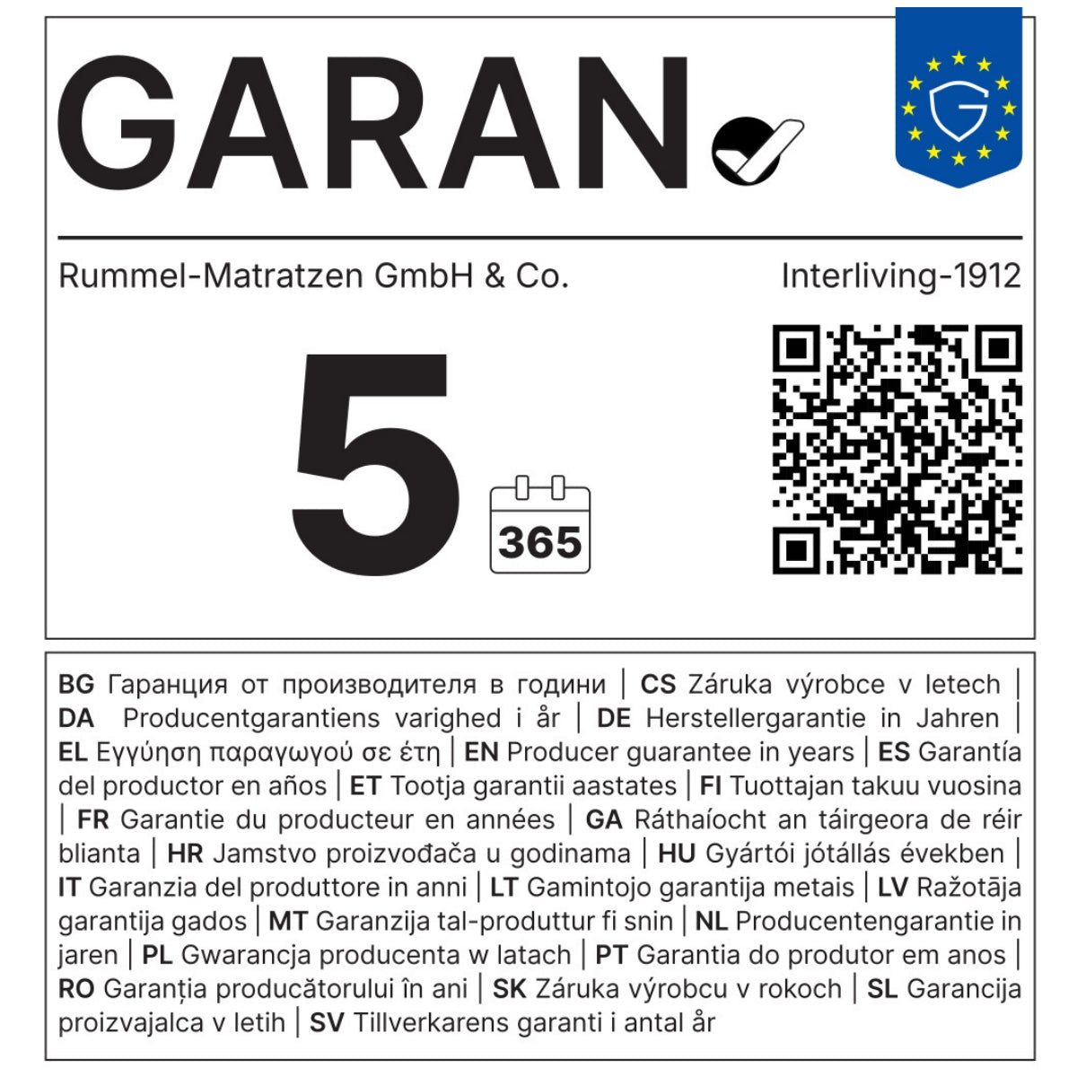 Garantieetikett für Rummel | IL Interliving 1912 Kaltschaummatratze mit 7-Zonen-Kern, 5 Jahre, QR-Code und EU-Symbol.