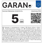 GARAN-Etikett für Rummel | IL Interliving 1913 Matratze, verschiedene Größen/Härtegrade, 5 Jahre Garantie, QR-Code, Übersetzungen.