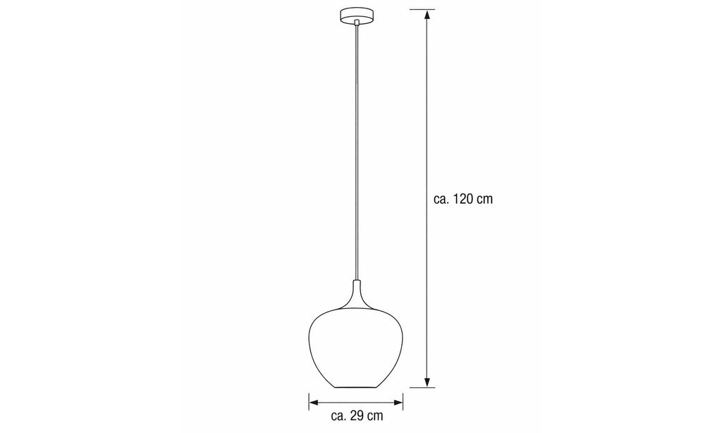 Eine hängende Lampe mit einer ovalen, breiten Schirmform und einem schlanken Kabel, Höhe ca. 120 cm und Durchmesser ca. 29 cm.
