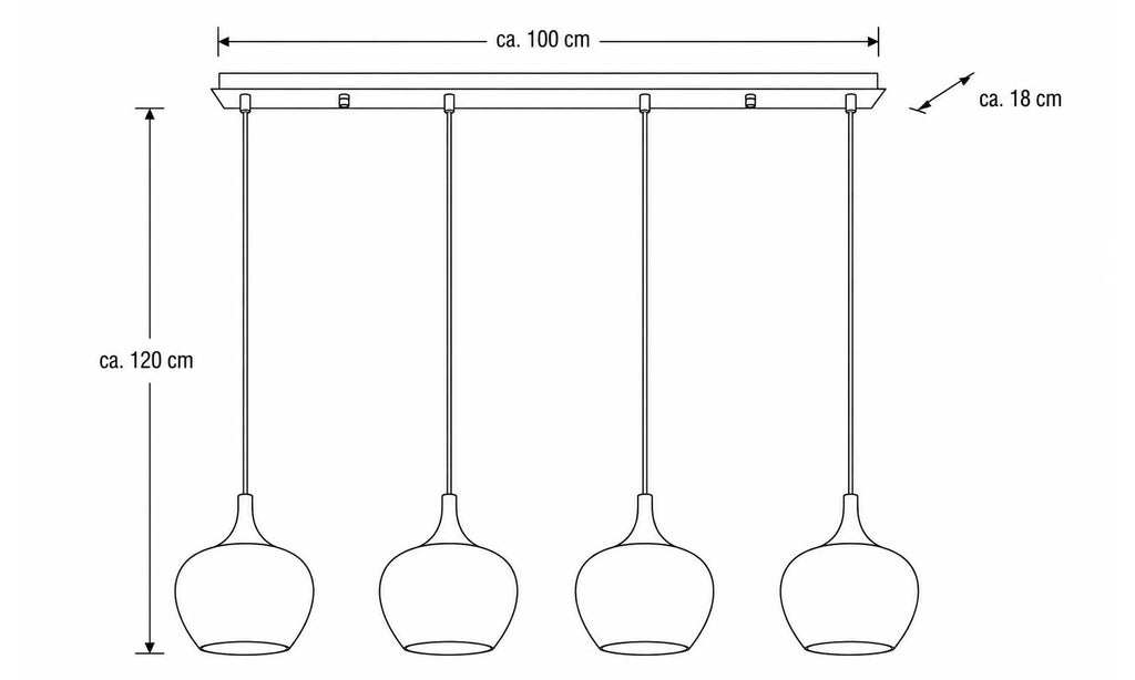 Eine Deckenleuchte mit drei hängenden, runden Lampenschirmen, die an einem länglichen Wandhalter befestigt sind.