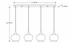 Eine Deckenleuchte mit drei hängenden, runden Lampenschirmen, die an einem länglichen Wandhalter befestigt sind.