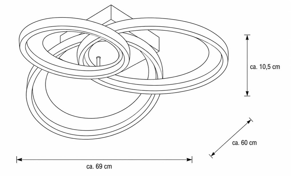 Eine dreifache Ringleuchte mit einem Durchmesser von ca. 60 cm, einer Höhe von ca. 10,5 cm und einer Breite von ca. 69 cm.