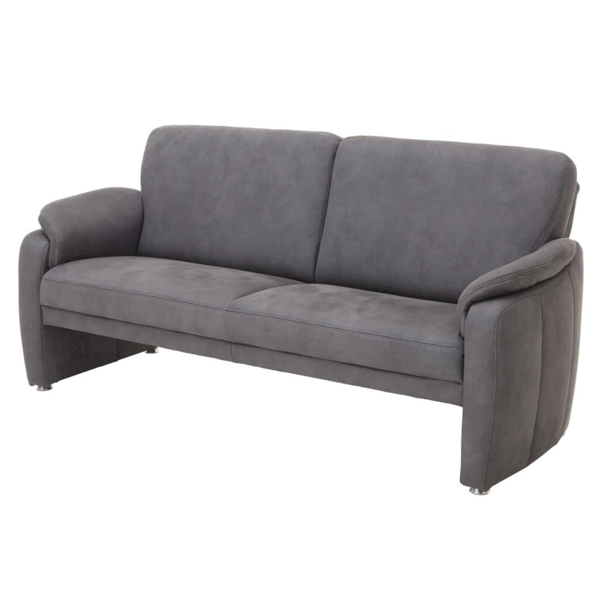 Steinpol Polsteria Dreisitzer Modell 3200|SG Deluxe, anthrazit: modernes Sofa mit 2 Kissen, runden Armlehnen und Aluminiumfüßen.