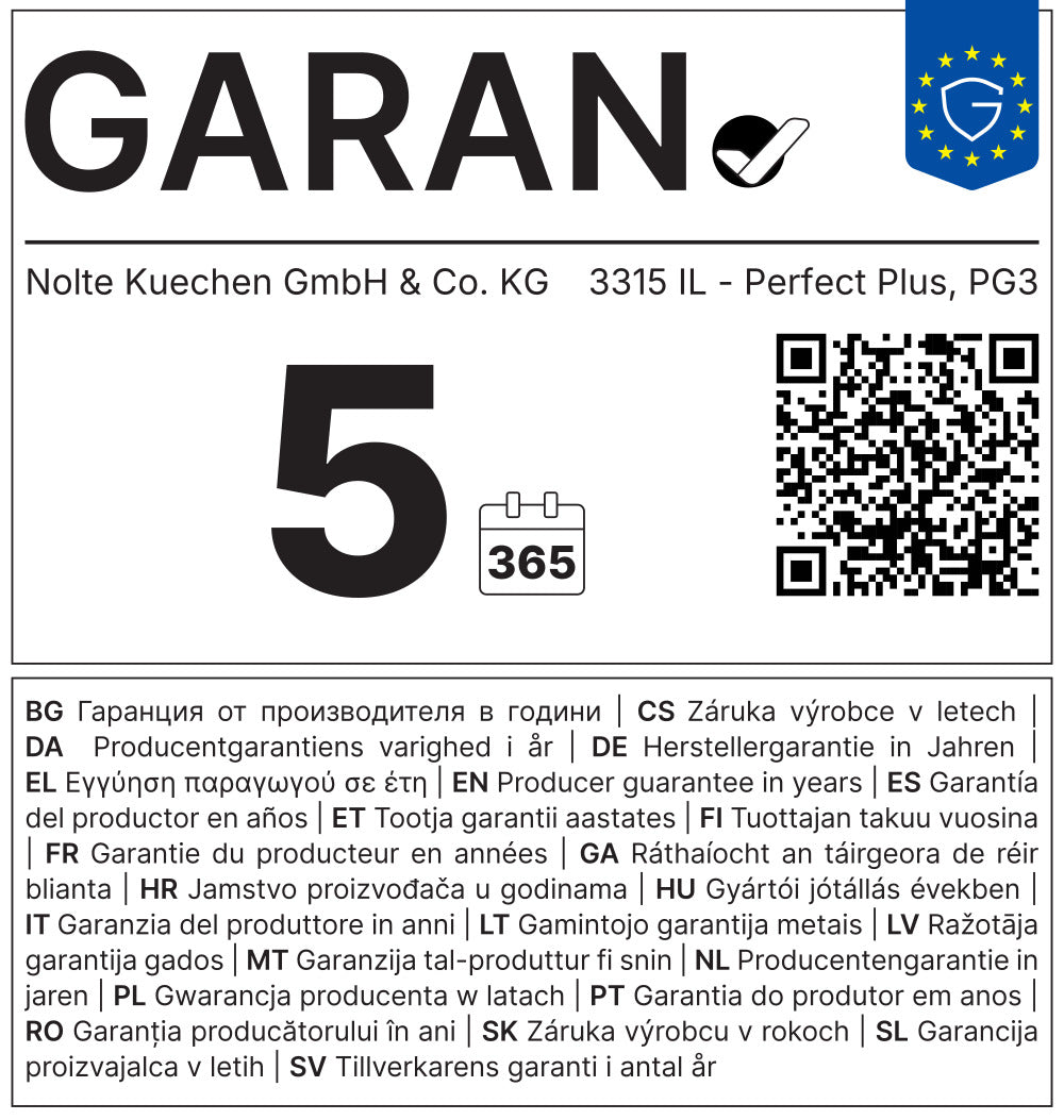 GARAN 5 365-Etikett mit Garantie, QR-Code und EU-Flagge – ideal für nolte® KÜCHEN | IL Interliving Küche Serie 3315.