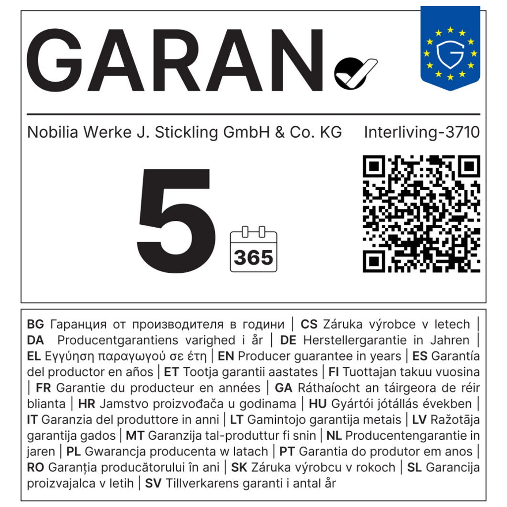 Das Etikett für die nobilia® Interliving Bad-Serie 3710 zeigt GARAN, 5, einen QR-Code sowie mehrsprachige Garantieinformationen.