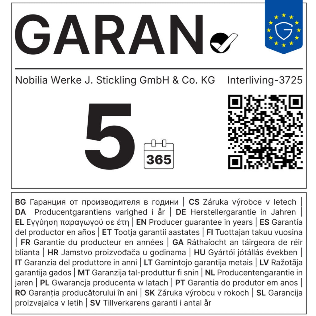 Nobilia® Interliving Bad Serie 3725 Spiegelschrank-Set – Etikett mit QR-Code, Kalendersymbol und Informationen zur 5-Jahres-Garantie.