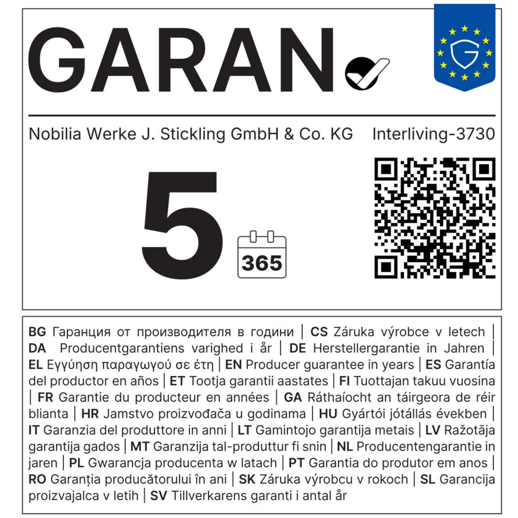 GARAN-Label für die Interliving Bad Serie 3720 von nobilia® mit 5 Jahren Garantie, Kalendersymbol, QR-Code und mehrsprachigen Informationen.
