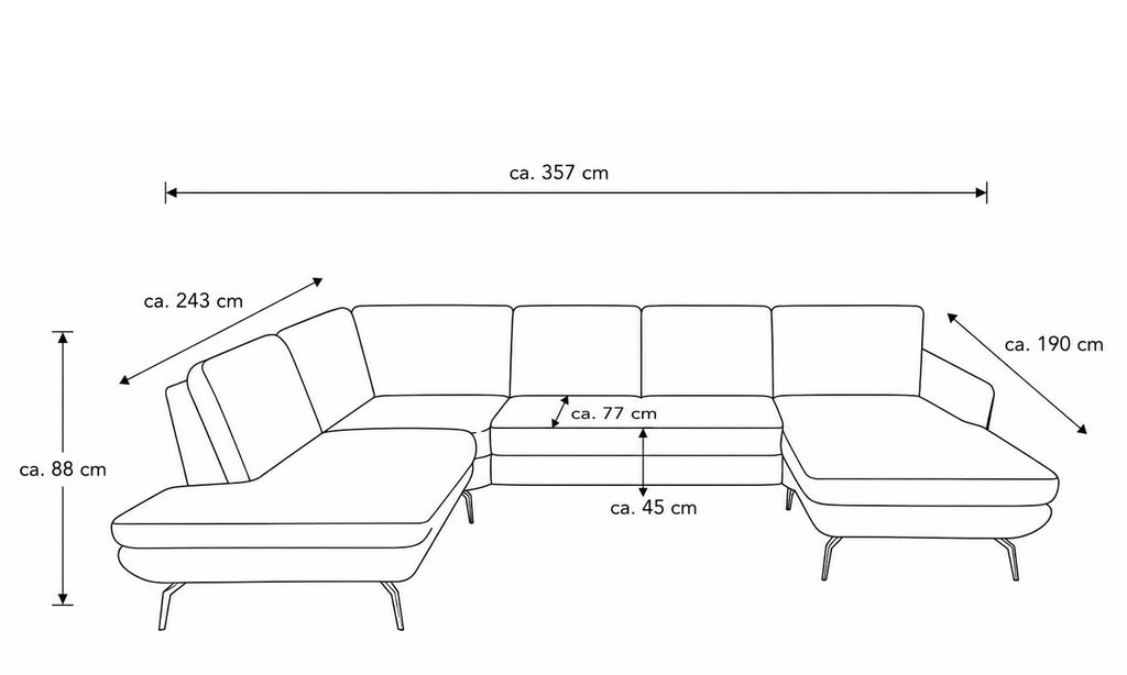 Ecksofa mit einer Gesamtlänge von ca. 357 cm, zwei Rückenlehnen, einer Ottomane und Metallfüßen.