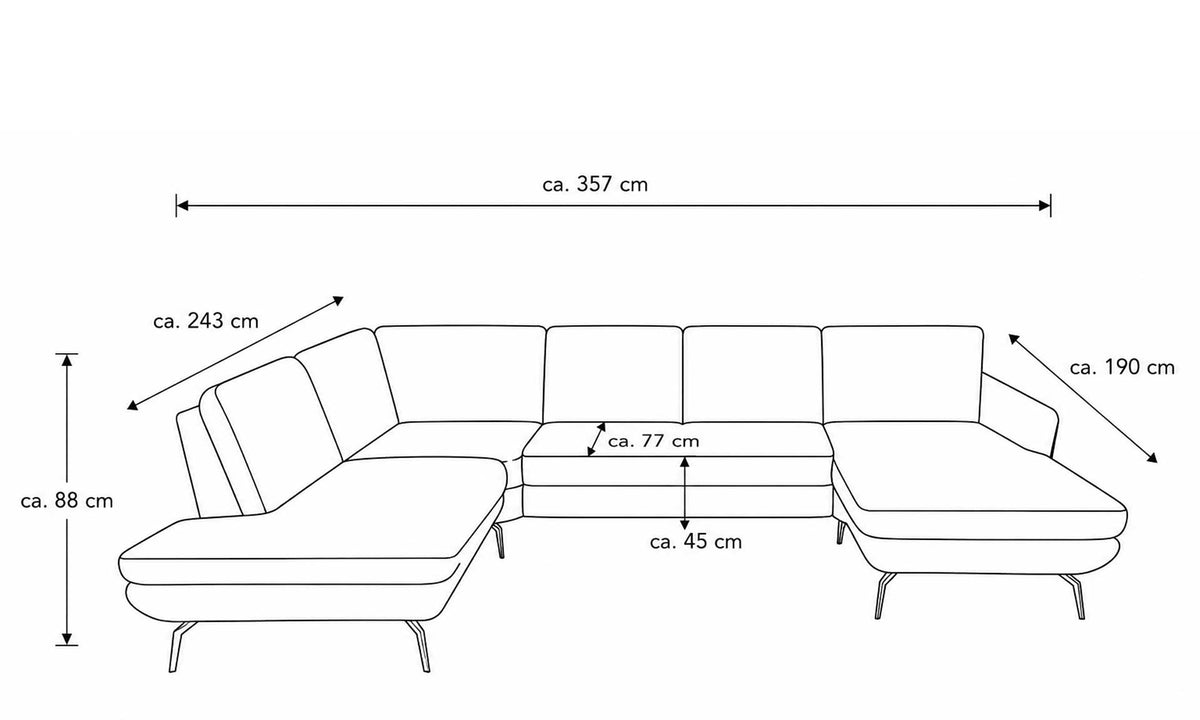 Ecksofa mit einer Gesamtlänge von ca. 357 cm, zwei Rückenlehnen, einer Ottomane und Metallfüßen.