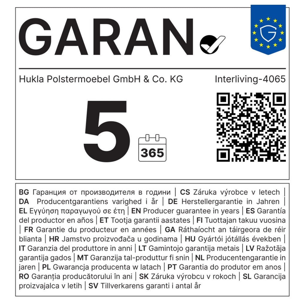GARAN-Garantieetikett für HUKLA® | IL Interliving Serie 4065 Ecksofa Stoff Weiß: QR-Code, 5 Jahre, Kalender, EU-Logo, mehrsprachig.