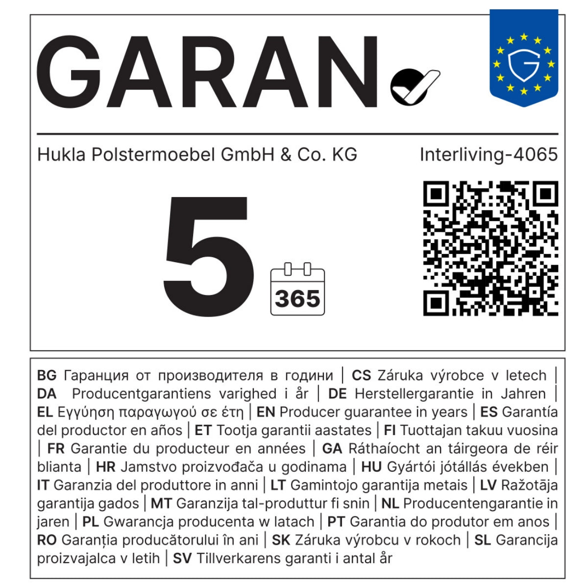 GARAN-Garantieetikett für HUKLA® | IL Interliving Serie 4065 Ecksofa Stoff Weiß: QR-Code, 5 Jahre, Kalender, EU-Logo, mehrsprachig.