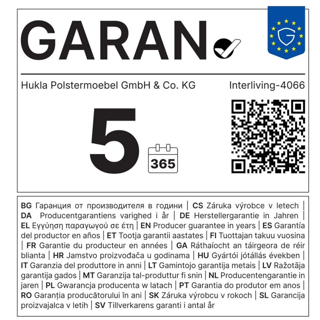 HUKLA® | IL-Garantieetikett für das Interliving-Ecksofa der Serie 4066: 5 Jahre Garantie, modernes Design, inklusive QR-Code.