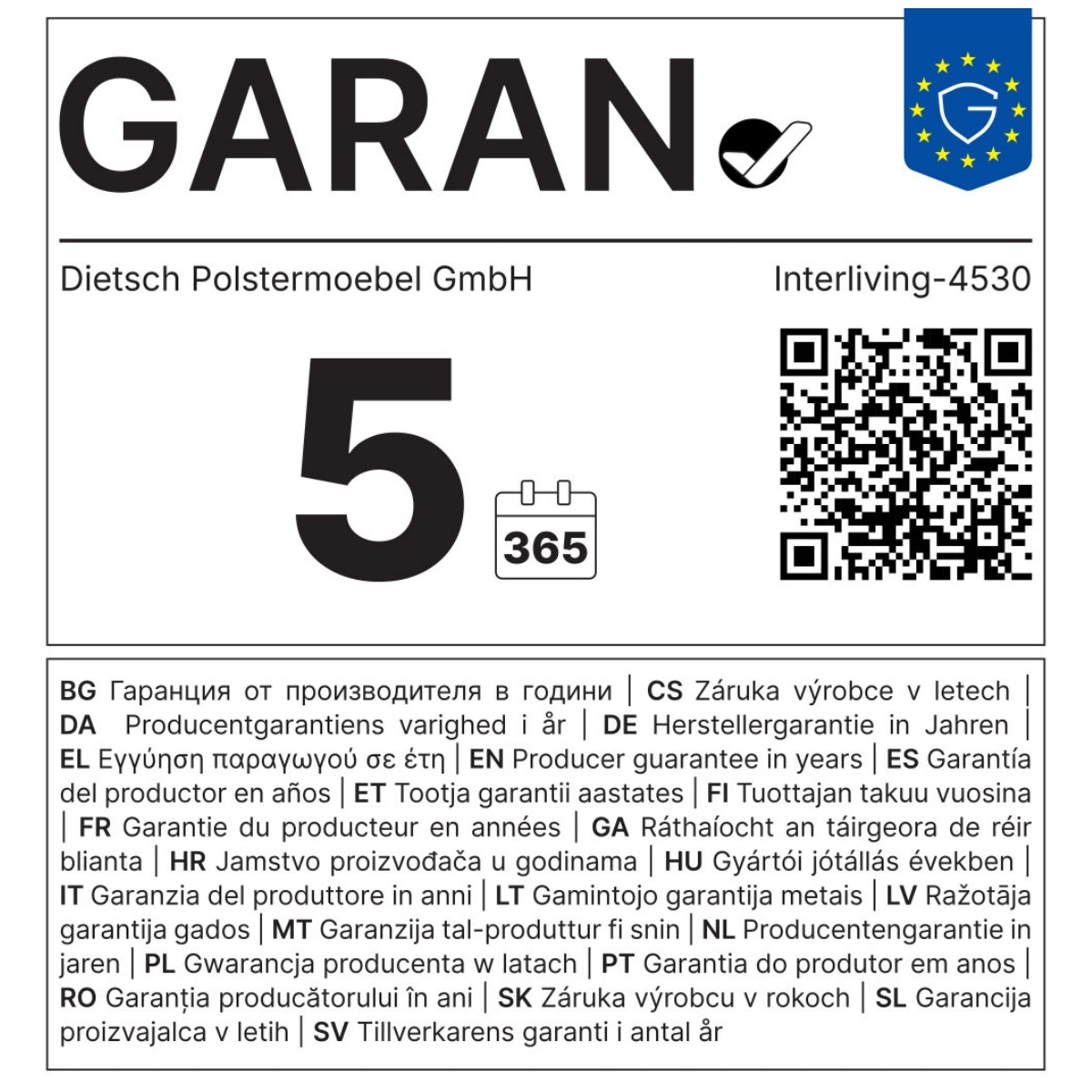 GARAN-Garantieetikett für DIETSCH. | IL Interliving Serie 4530 Relaxsessel Jägergrün, Symbol, QR-Code, moderner Text.
