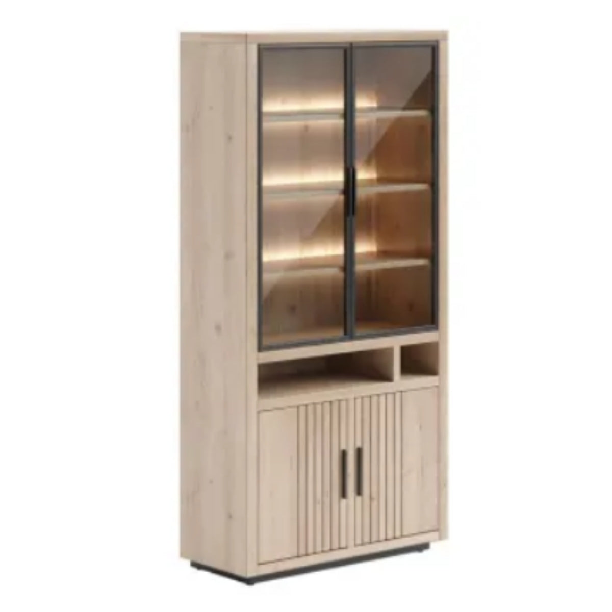 Habufa Vitrine 46515-NAT Pavie – Vitrine mit Glastüren, Beleuchtung, offenem Stauraum und getäfelten Untertüren.