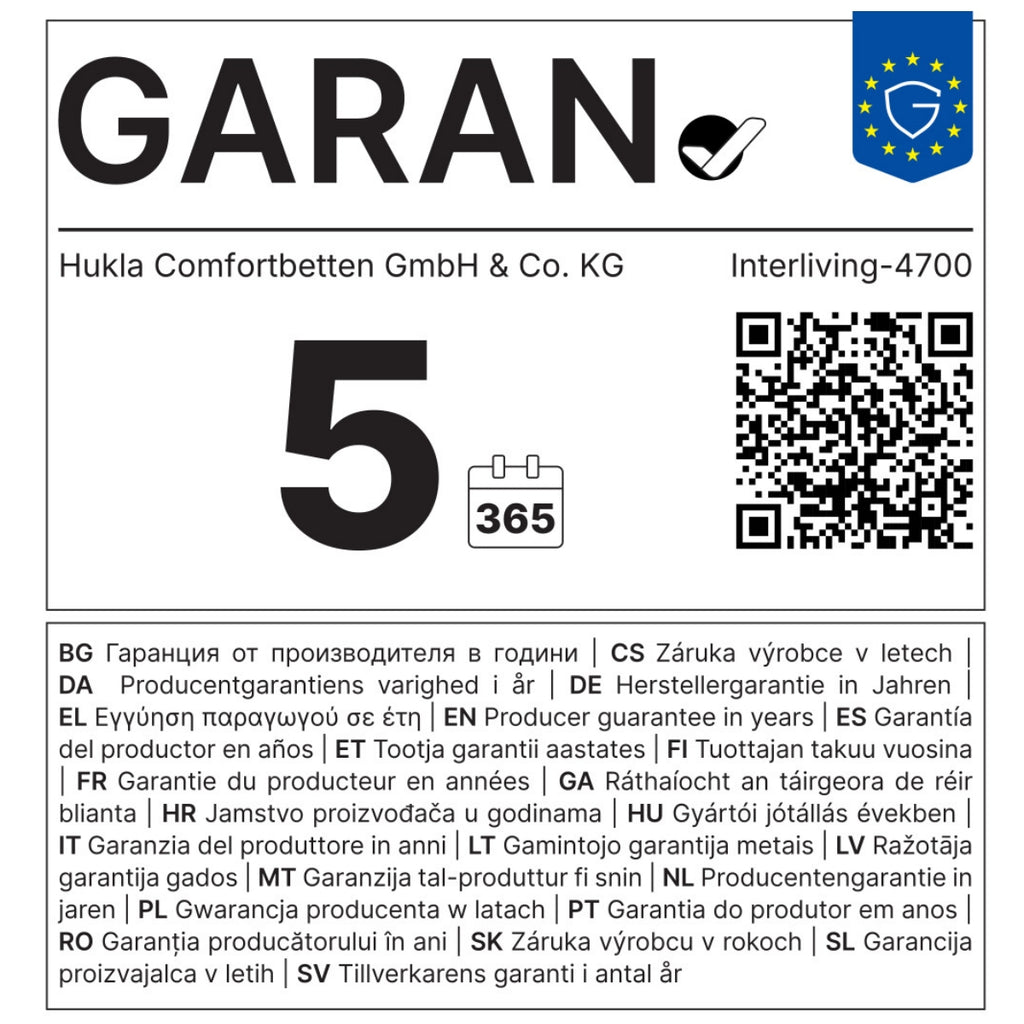HUKLA® Interliving Serie 4700 Garantieetikett: groß 5, QR-Code, 365-Tage-Kalender – ideal für Ihr Comfortbetten-Sofa.