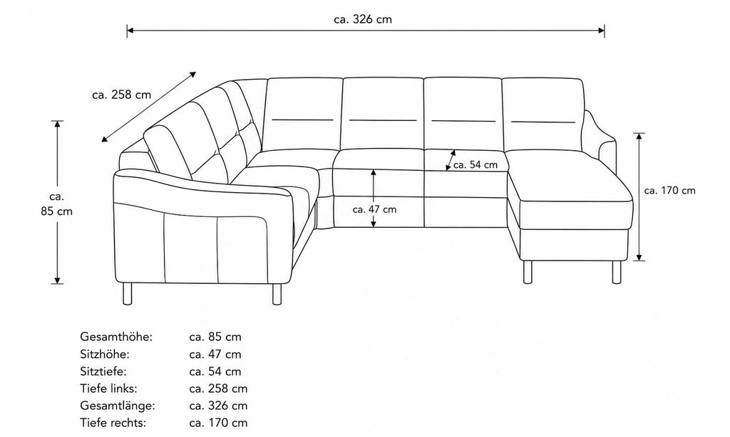Ecksofa mit einer Gesamtgröße von ca. 326 cm Länge und ca. 85 cm Höhe, mit einer Sitztiefe von ca. 54 cm.