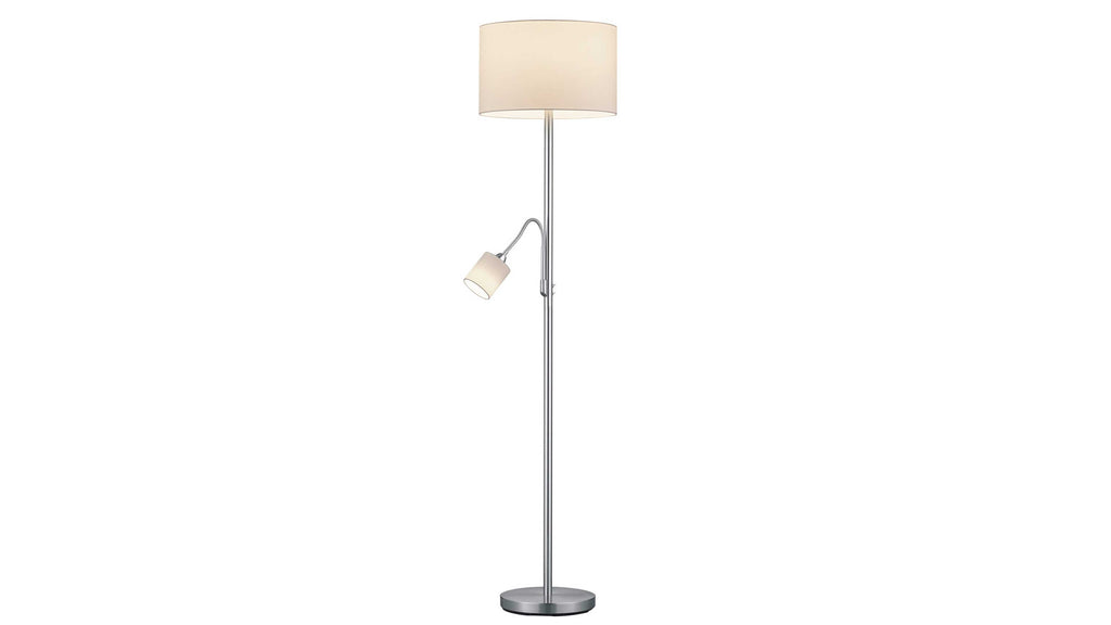 Stehlampe mit einem schlanken, silbernen Gestell und einem runden, beigen Lampenschirm sowie einem flexiblen Zusatzstrahler.