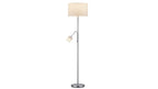 Stehlampe mit einem schlanken, silbernen Gestell und einem runden, beigen Lampenschirm sowie einem flexiblen Zusatzstrahler.