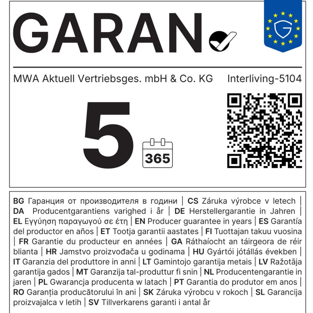 Etikett: MWA | IL-Kopfzeile, große 5, QR-Code, EU-Flagge und mehrsprachige Garantie für die Bartisch-Serie 5104 Wildeiche.