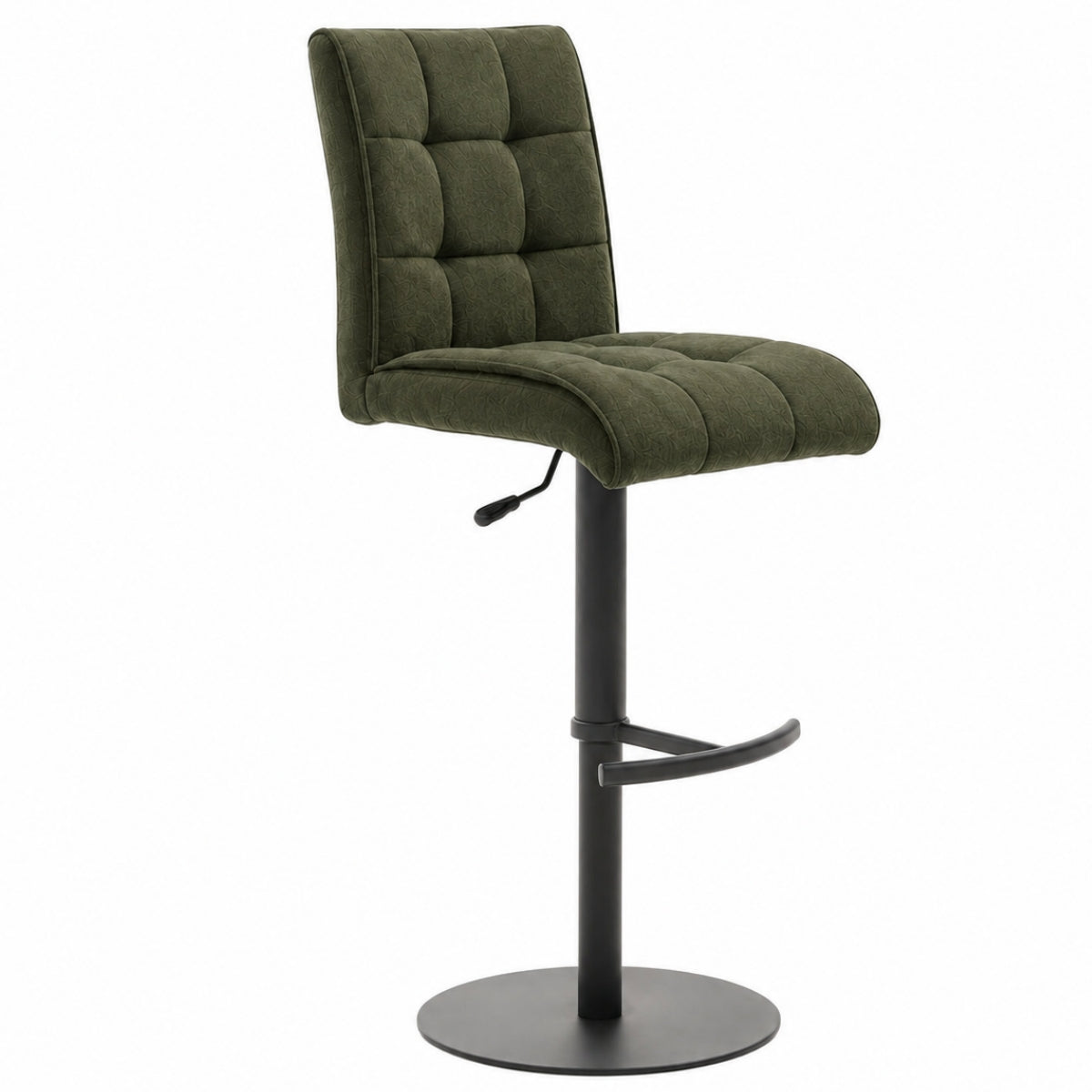 Interliving Serie 5104 Barhocker BILC aus Mikrofaser in der Farbe „Fern“ grün, höhenverstellbar, drehbar, mit gesteppter Rückenlehne.