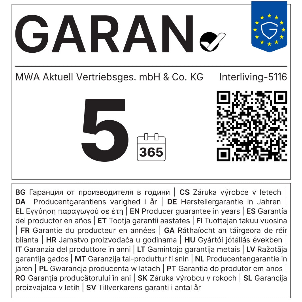 Garantieetikett für den Tisch MWA | IL Interliving Serie 5116, GARAN 5 365, QR-Code und mehrsprachige Angaben.