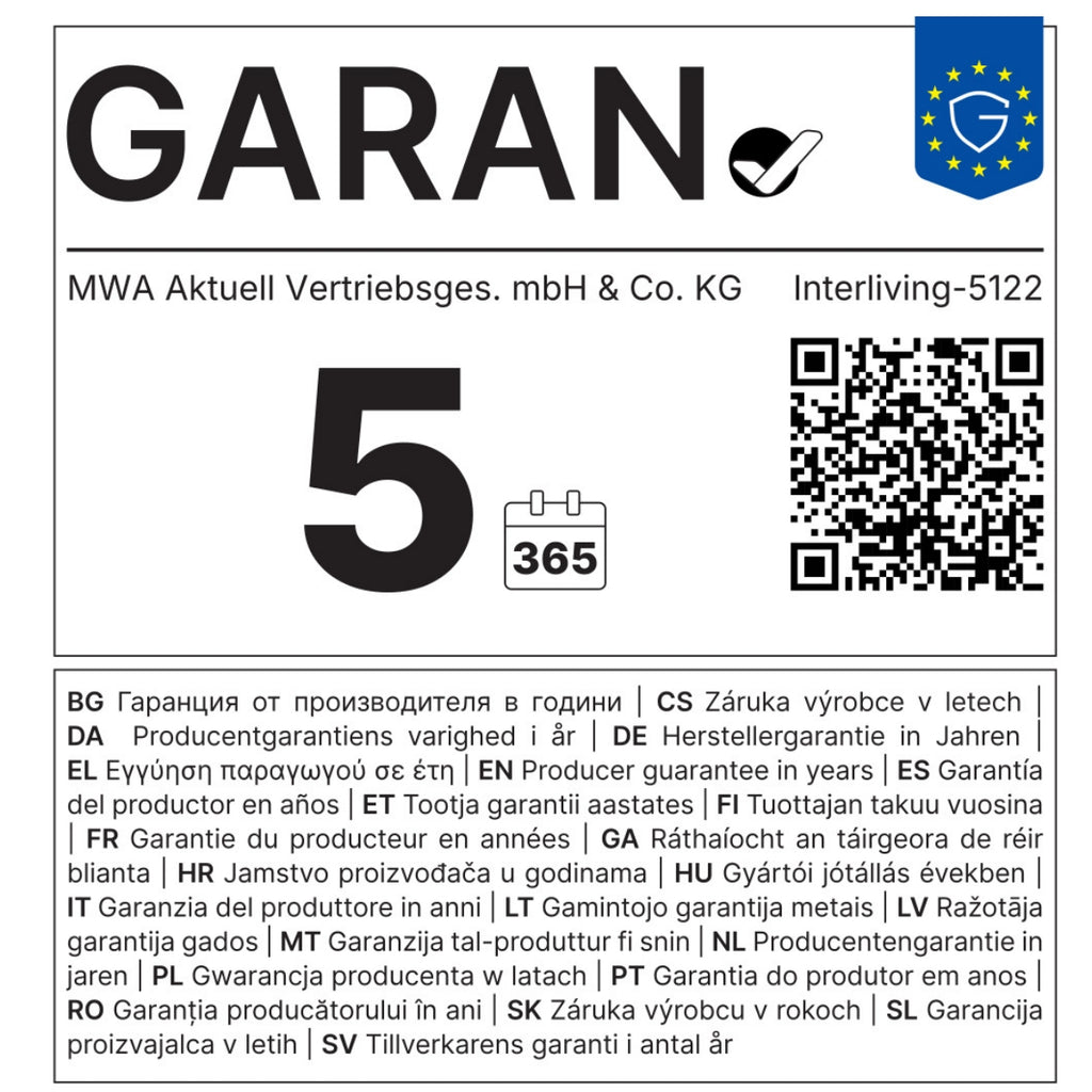 GARAN-Label: Stiftsymbol, 5, Kalender, QR-Code, Garantieinformationen für die Interliving Essgruppe Serie 5122 von MWA | IL.