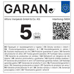 VENJAKOB | IL GARAN-Etikett: „Big 5“, QR-Code, Garantie für den Couchtisch der Serie 5604 aus hell geölter Rustico-Eiche.