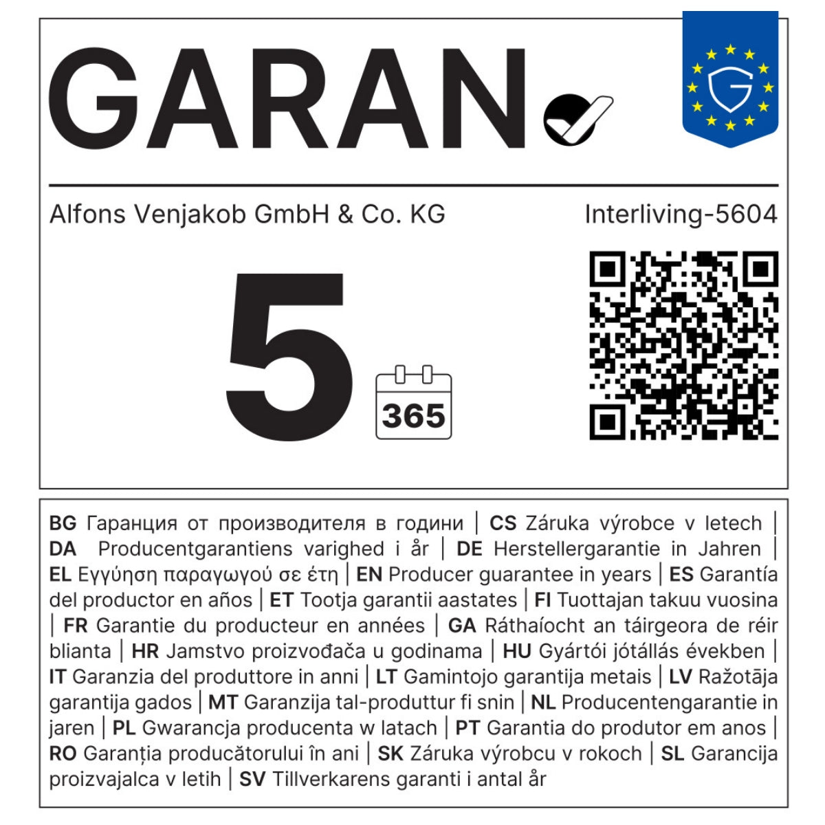 VENJAKOB | IL GARAN-Etikett: „Big 5“, QR-Code, Garantie für den Couchtisch der Serie 5604 aus hell geölter Rustico-Eiche.