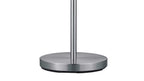 Ein runder, metallischer Standfuß mit einer glatten, silberfarbenen Oberfläche und einer dünnen, schwarzen Unterlage.